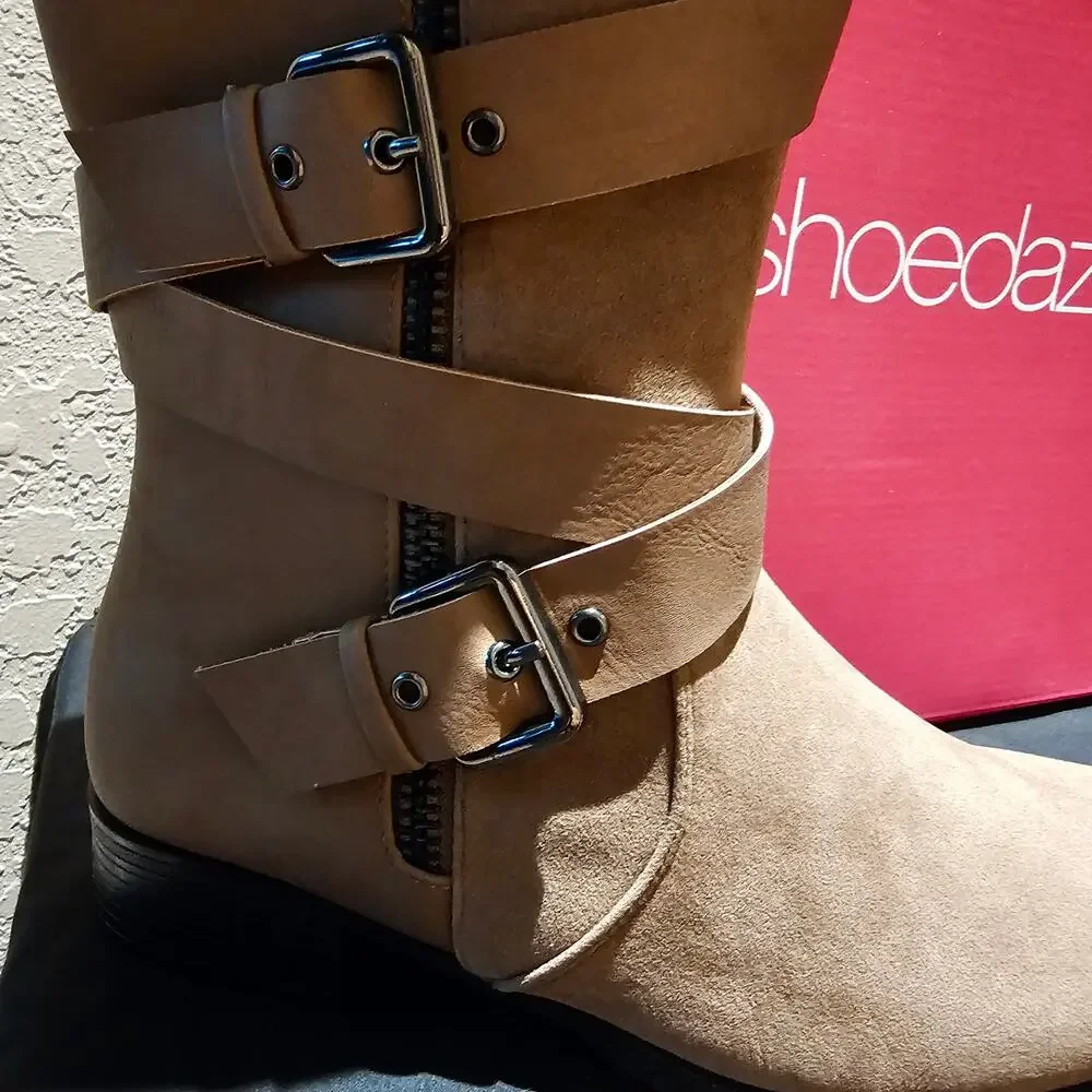 Moto Cecily Boots Women’s 8 Taupe Knee High Buckle Zip Faux Suede New Y2K Winter - Picture 11 of 13